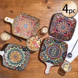 Set of 4 9inch Bohemian Ceramic Plates with Handles, Salad Serving Plates, Dinner Plates, Vintage High-Quality Glazed Design, Perfect for Salad and Hot Dishes, Ideal for Family Use and Gatherings