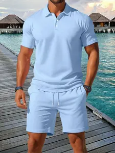 Men's Summer Solid Color Casual Sport Polo Shirt Set with Pocket and Elastic Waistband Shorts, Perfect for Vacation Golf Outdoor Activities