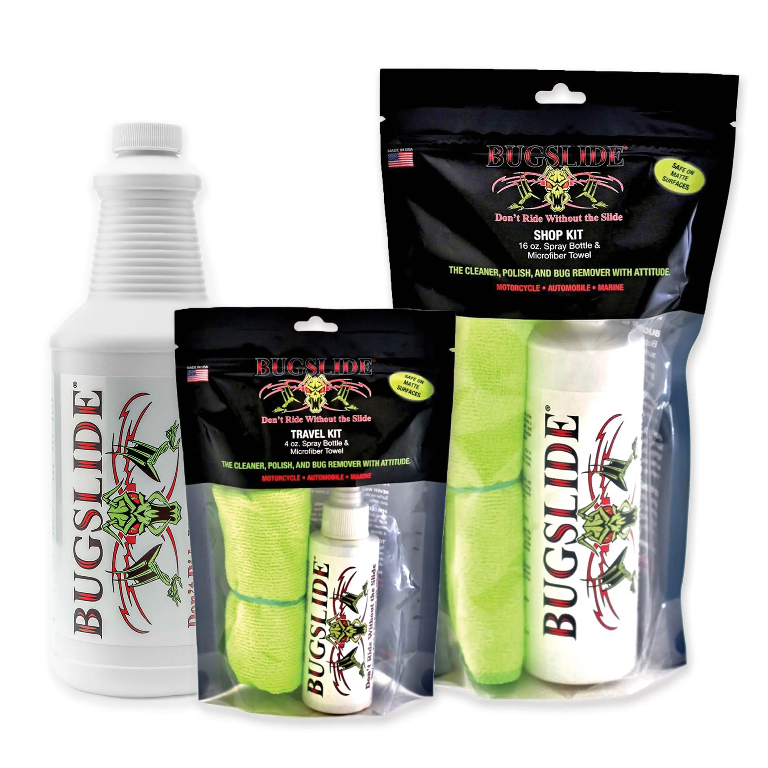 BugSlide Multisurface Car Cleaning Supplies - Degreaser & Bug Remover Detailing Products for Paint Care, Shines Without Scratching; Full Line: Travel Kits, Spray Bottles, Shop Kits, Refills (Cars, Motorcycles)