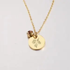 November Birth Flower Necklace,Birth Flower Disc Necklaces for Women with Birthstone Stainless Steel/Gold Plated/Sterling Silver Jan. to Dec. Guardian Month Floral Pendant Dainty Jewelry
