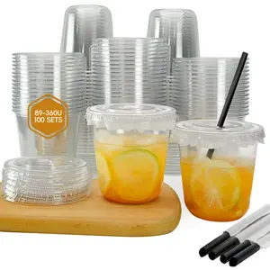 100 sets 12oz 360ml U shaped plastic  iced  coffee cups disposable ice drink juice cups with lids straws customizable logo print clear