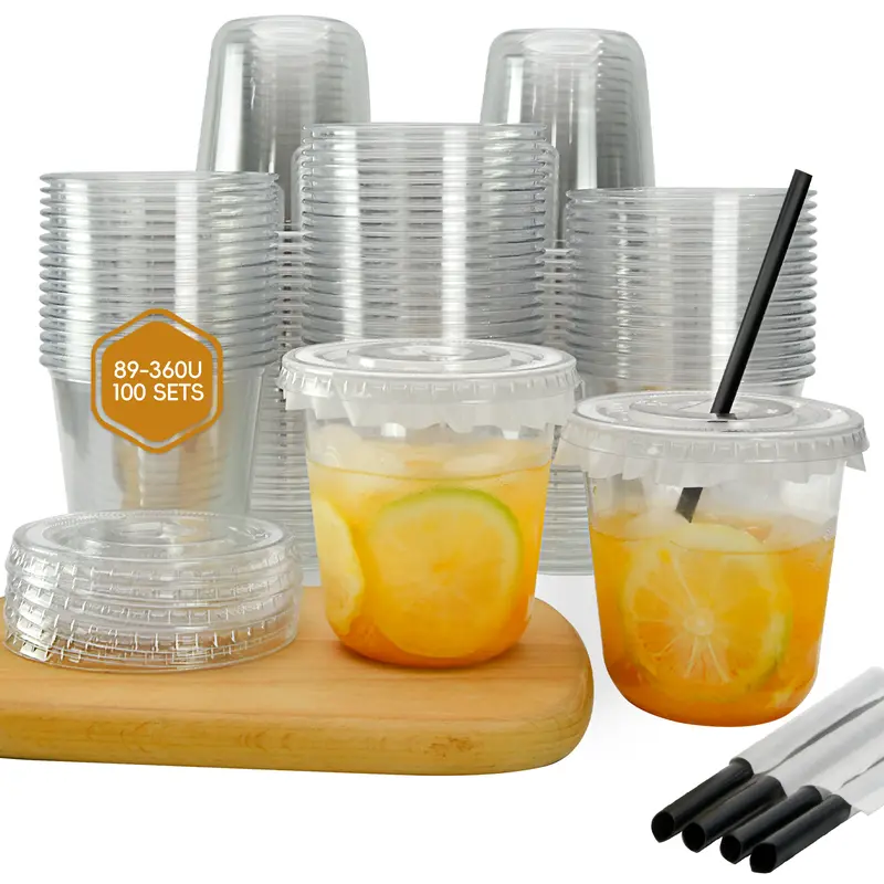 100 Pack 16oz 500ml U Shaped Leak Proof Pet Plastic cups with Lids & Straws  for Ice Drinks Juice Disposable Cups Customizable Logo Print clear plastic  - TikTok Shop
