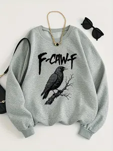 F-Caw-F Funny Crow Black Bird Sweatshirts, Casual All-Season Comfort, Machine Washable Long Sleeve Sweater, Gothic Letter Print Sweatshirt