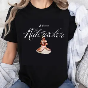 100% Cotton The Nutcracker Ballet Dance Performance T-Shirt Women's Classic Black Tee with Ballerina Design and Rachael's Logo