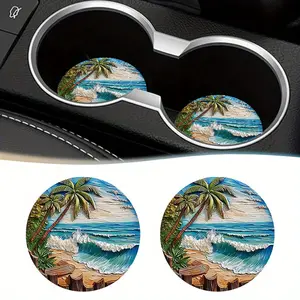 2pcs/set Oil Painting Style Beach Pattern Car Coasters, Hawaiian Style Dining Table Coasters, Bar Coasters, Non Slip Waterproof Heat-Insulating, Keep Your Car Or Desk Clean