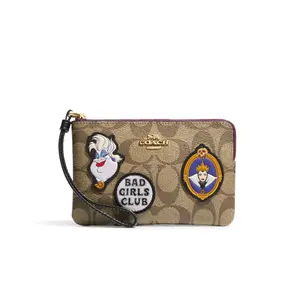 COACH x Disney Collaboration Corner Zip Leather Wallet with Cartoon Emblem for Women in Khaki