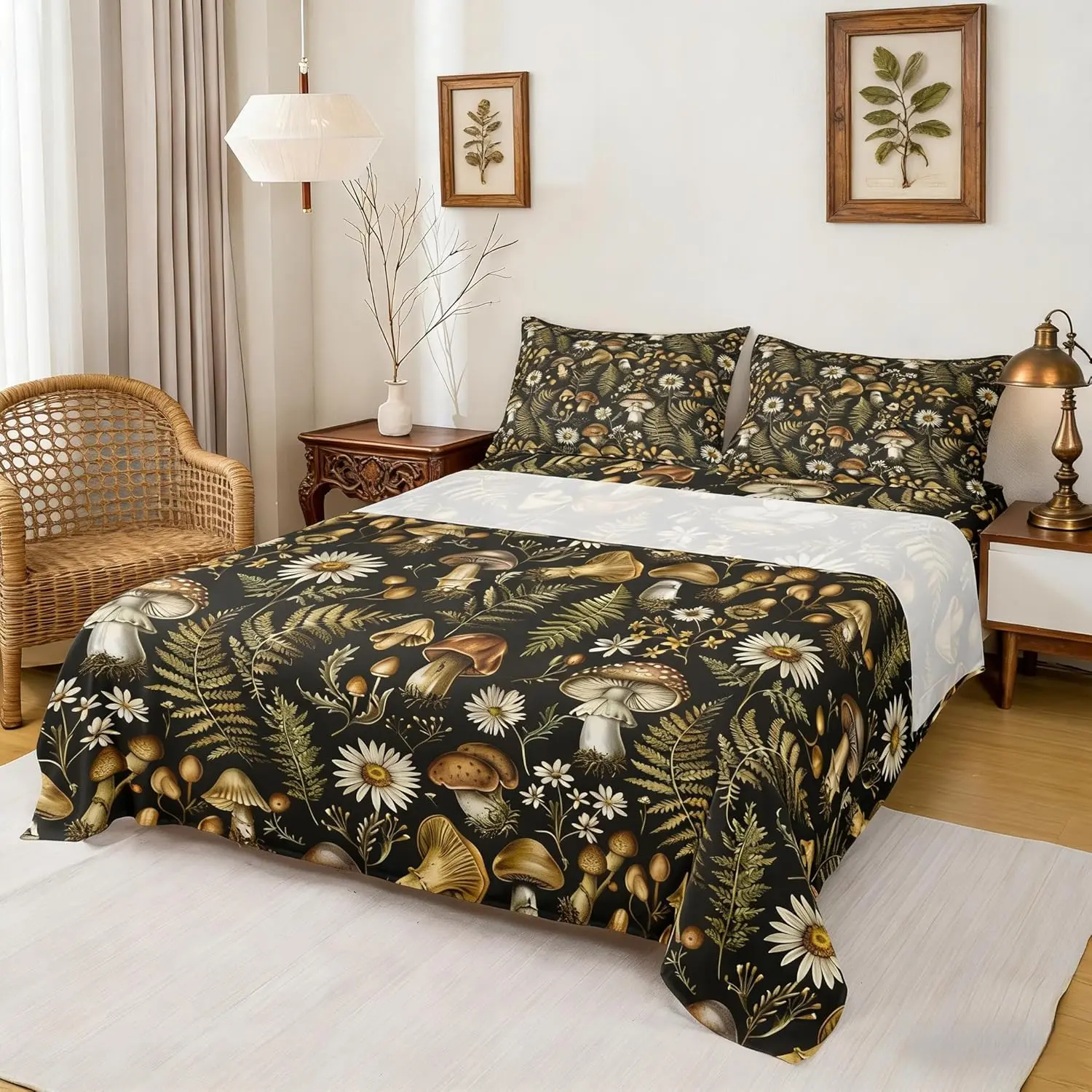 Mushroom Bedding Sets,70s Groovy Daisy Green Leaves Bed Sheets,Adults,Natural Jungle Plants Rustic Style Sheet Set,Flat,Fitted Sheet