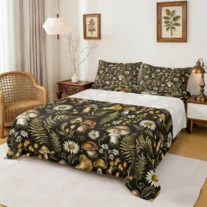 Mushroom Bedding Sets,70s Groovy Daisy Green Leaves Bed Sheets,Adults,Natural Jungle Plants Rustic Style Sheet Set,Flat,Fitted Sheet
