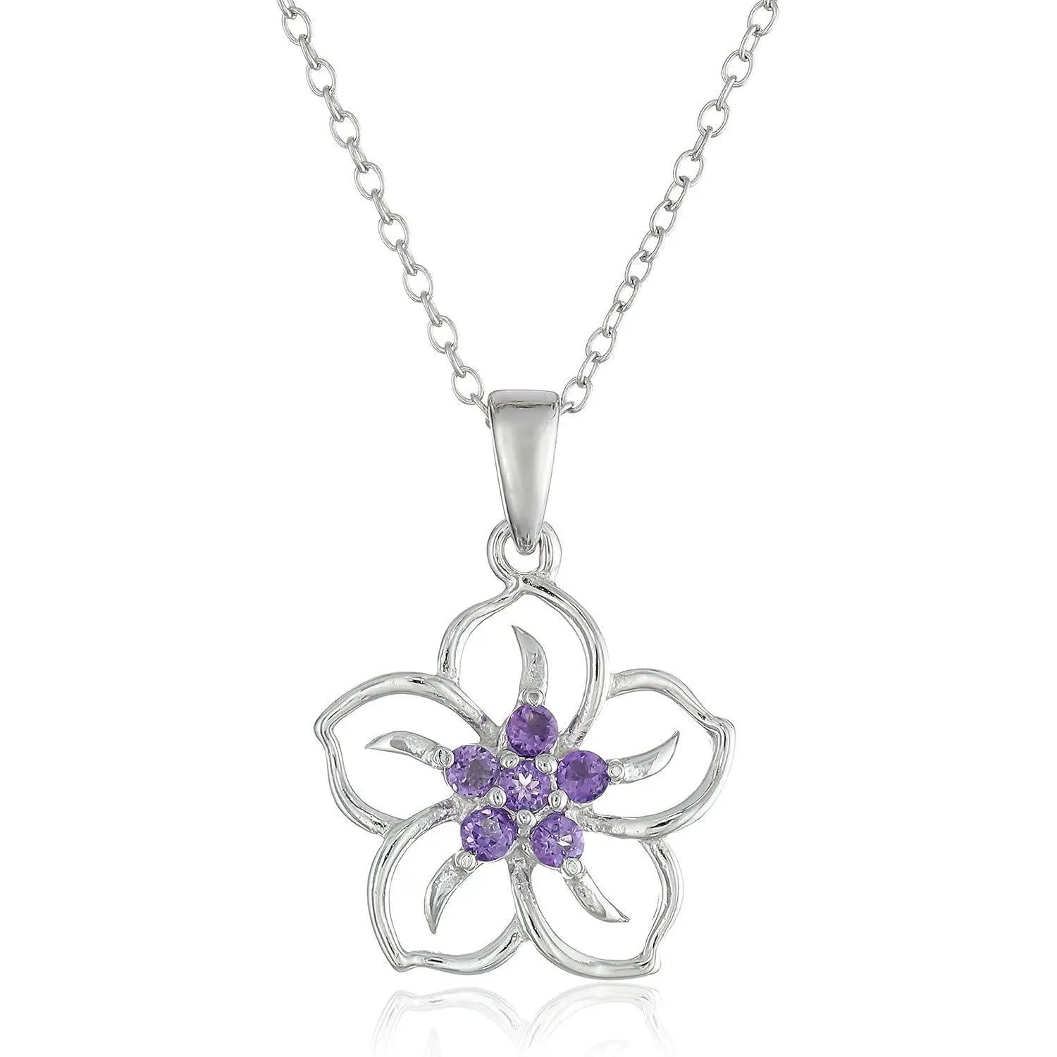 Amazon Collection Genuine or Created Gemstone Birthstone Flower Pendant Necklace with Chain in Sterling Silver, 18"