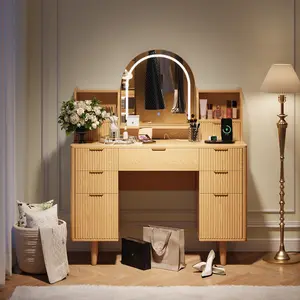 Oxirth 44.3" Fluted Vanity Desk with LED Mirror & Charging Station, Mid-Century Modern Makeup Vanity with 7 Drawers & 2 Cabinets, Arched Lighted Mirror Dressing Table for Bedroom (Natural Wood)