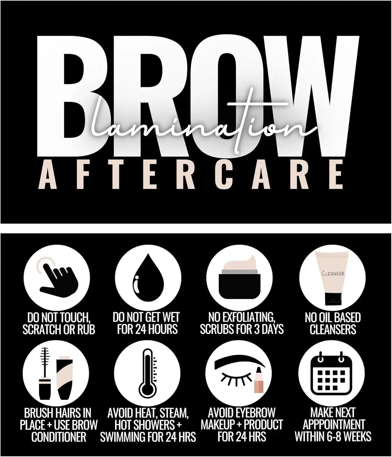 Cute Modern Brow Lamination After Care Cards Pack of 55 Business Card Size Aftercare Appointment Reminder Cards Black and White