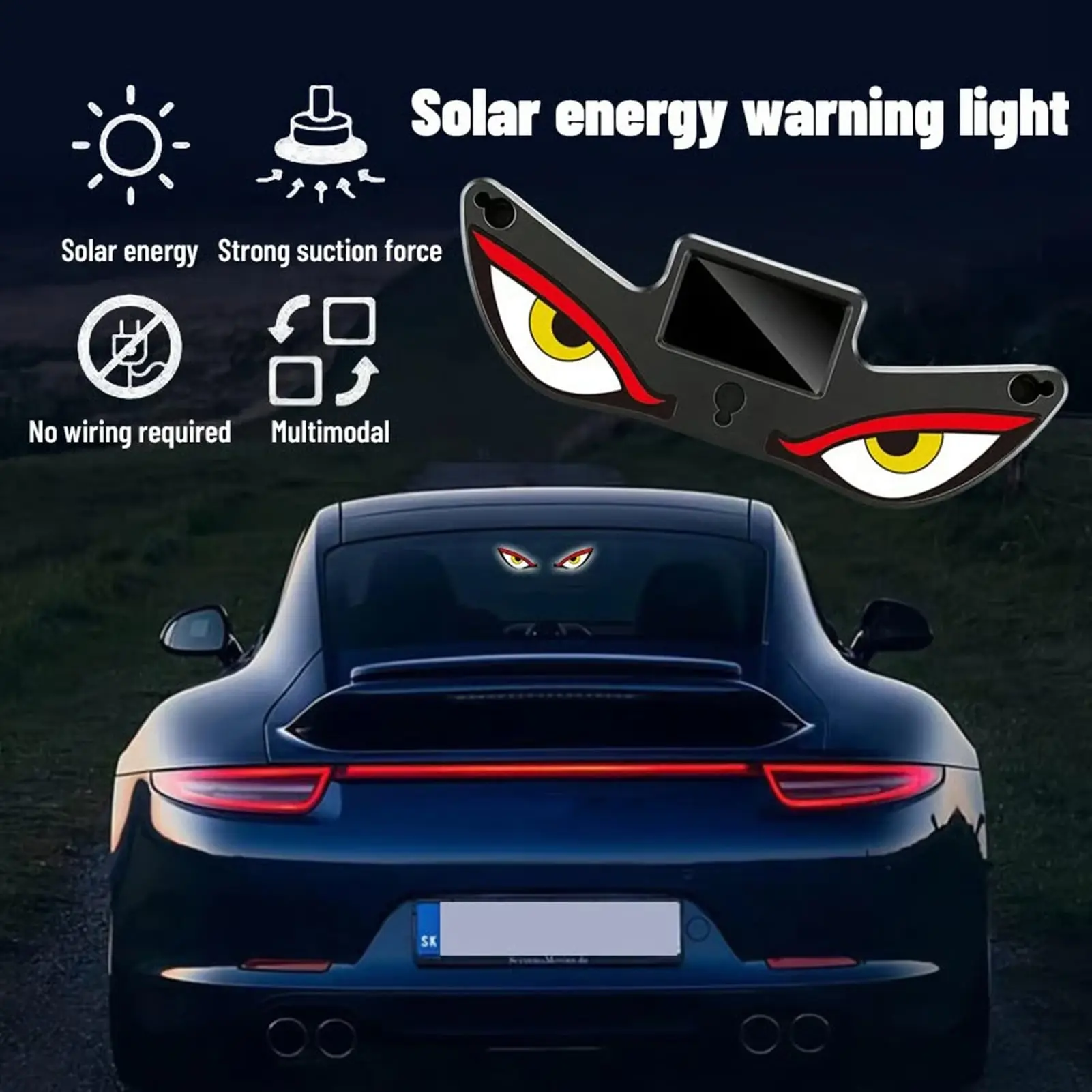 Solar Powered Devils Eyes LED Car Light,Devil Eye Lights Dynamic Windshield Ambient Lamp with Vibration & Light Sensor,Windshield Eyes for Car & Truck,Solar&Type-C Charging,3 Modes,Suction Mount