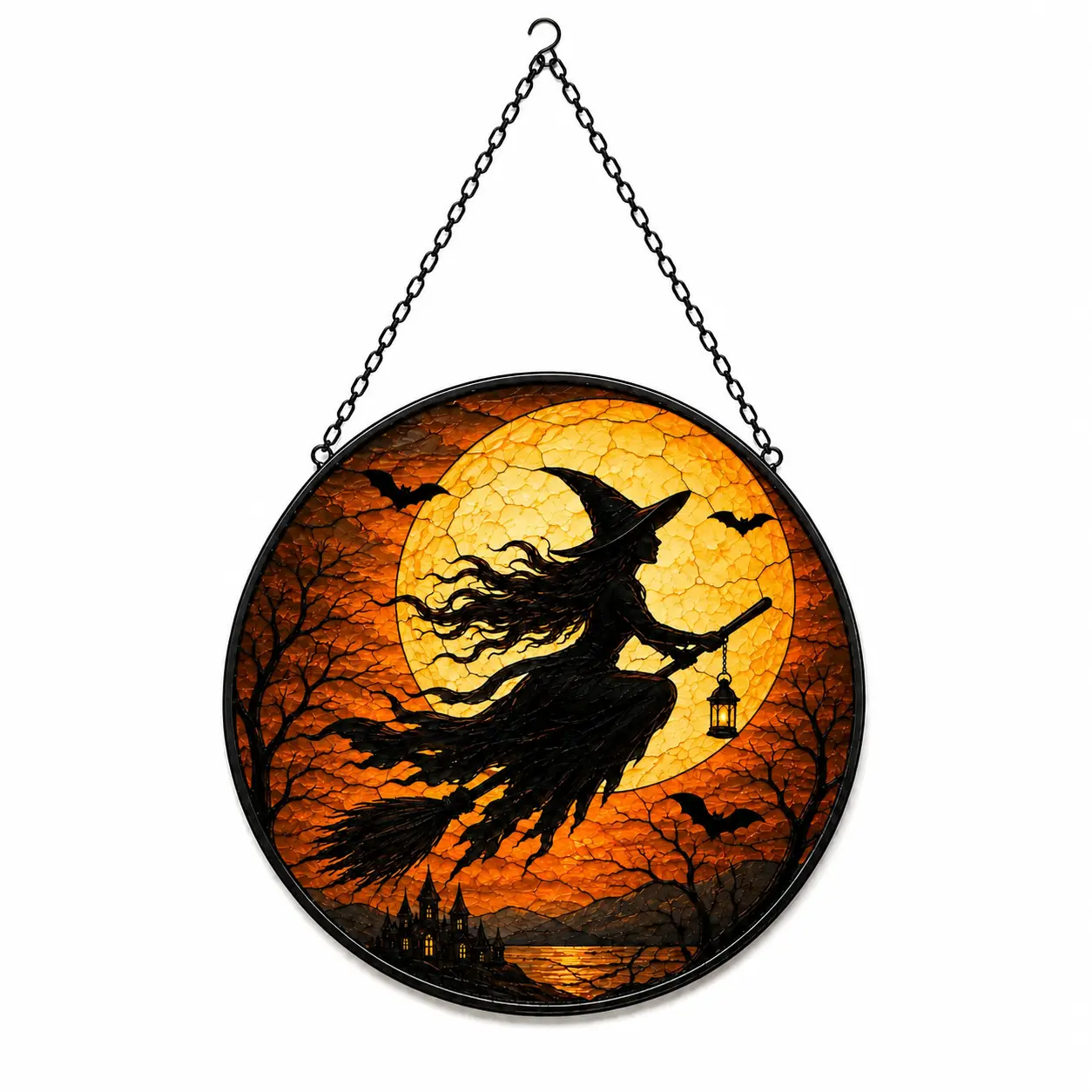Halloween Witch Suncatcher – Flying Witch Moon Stained Glass Style Window Hanging, Gothic Autumn Decor, Spooky Bat & Castle Sun Catcher, Witchy Home Decor, Halloween Gift