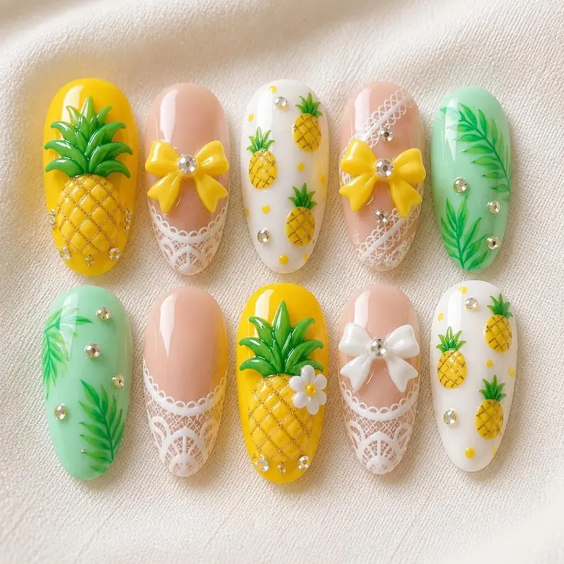 Pineapple Press On Nails 3D Tropical Fruit Gold Rhinestone Cute Vacation Summer Queen