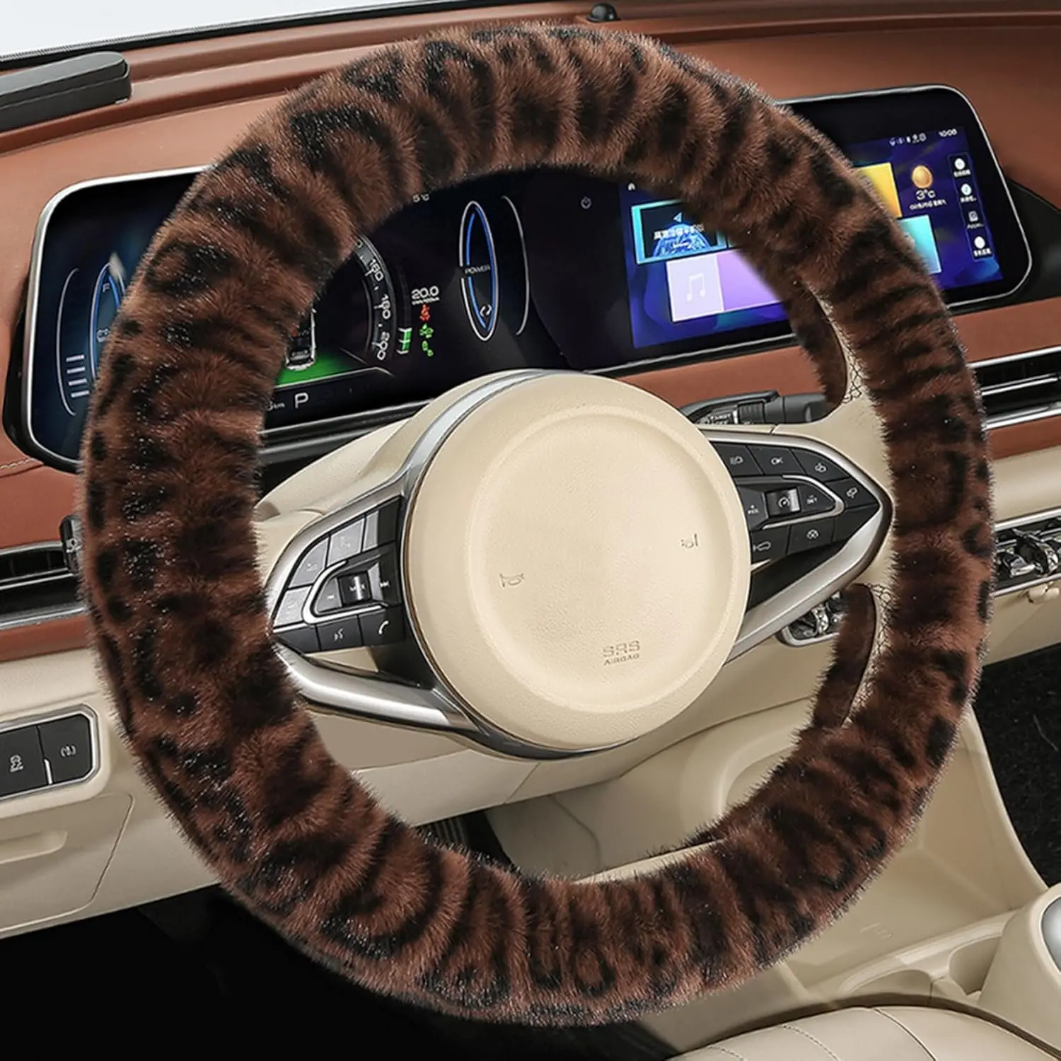 15-Inch Fluffy Faux Leather Leopard Print Luxury Steering Wheel Cover - 14.5-15in Fit, Synthetic, Sweatproof, Winter Warm, Palm Massage, Elastic Strap, Stretch-on Band, Hand-sewn Details, Universal Auto/SUV Accessory, Protector, Steering Wheel Decor