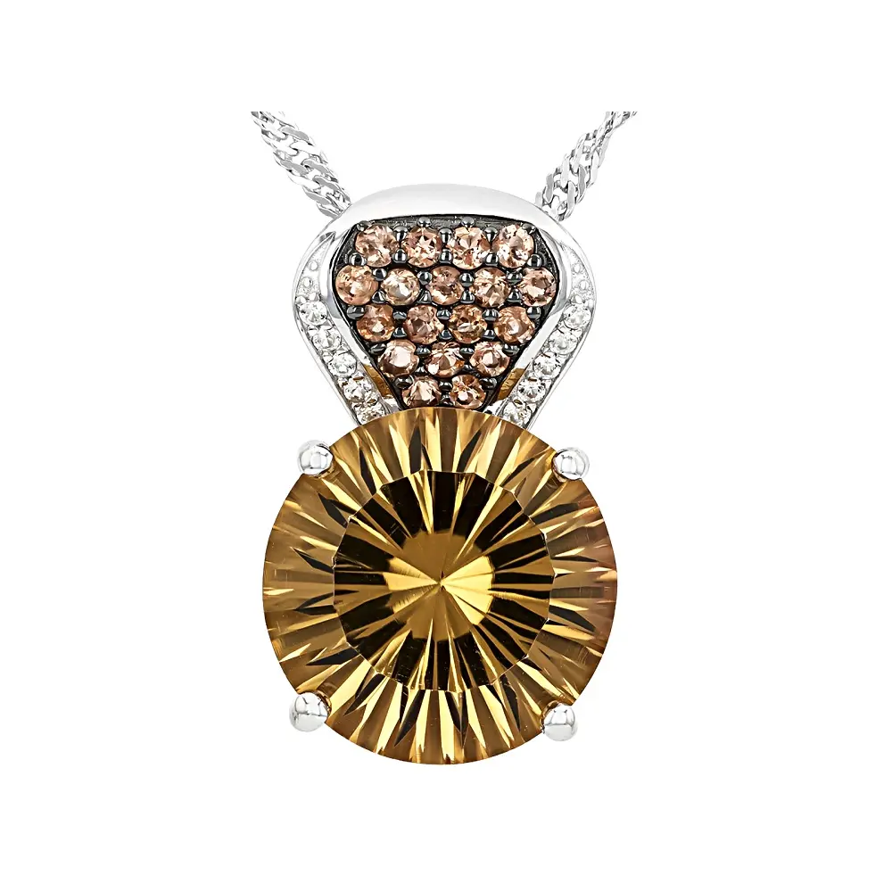 JTV Natural Crystal Pendant with Chain, Champagne Quartz, Crystal Accent, Rhodium-Plated Sterling Silver, 6.52ctw