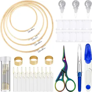 53 Pieces Cross Stitch Tool Embroidery Starter Kit Includes Bamboo Circle Cross Stitch Hoop Ring Sewing Scissors Needle Threading Tools Thimbles Floss Bobbins Seam Ripper and Embroidery