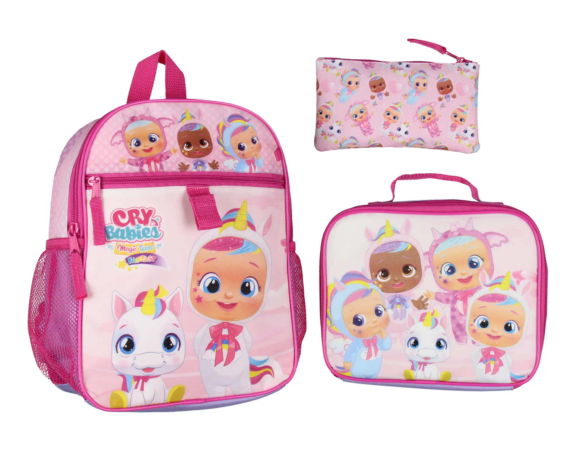 Cry Babies Magic Tears Characters Unicorn 3 PC Backpack Lunch box Pencil Pouch Set 12"