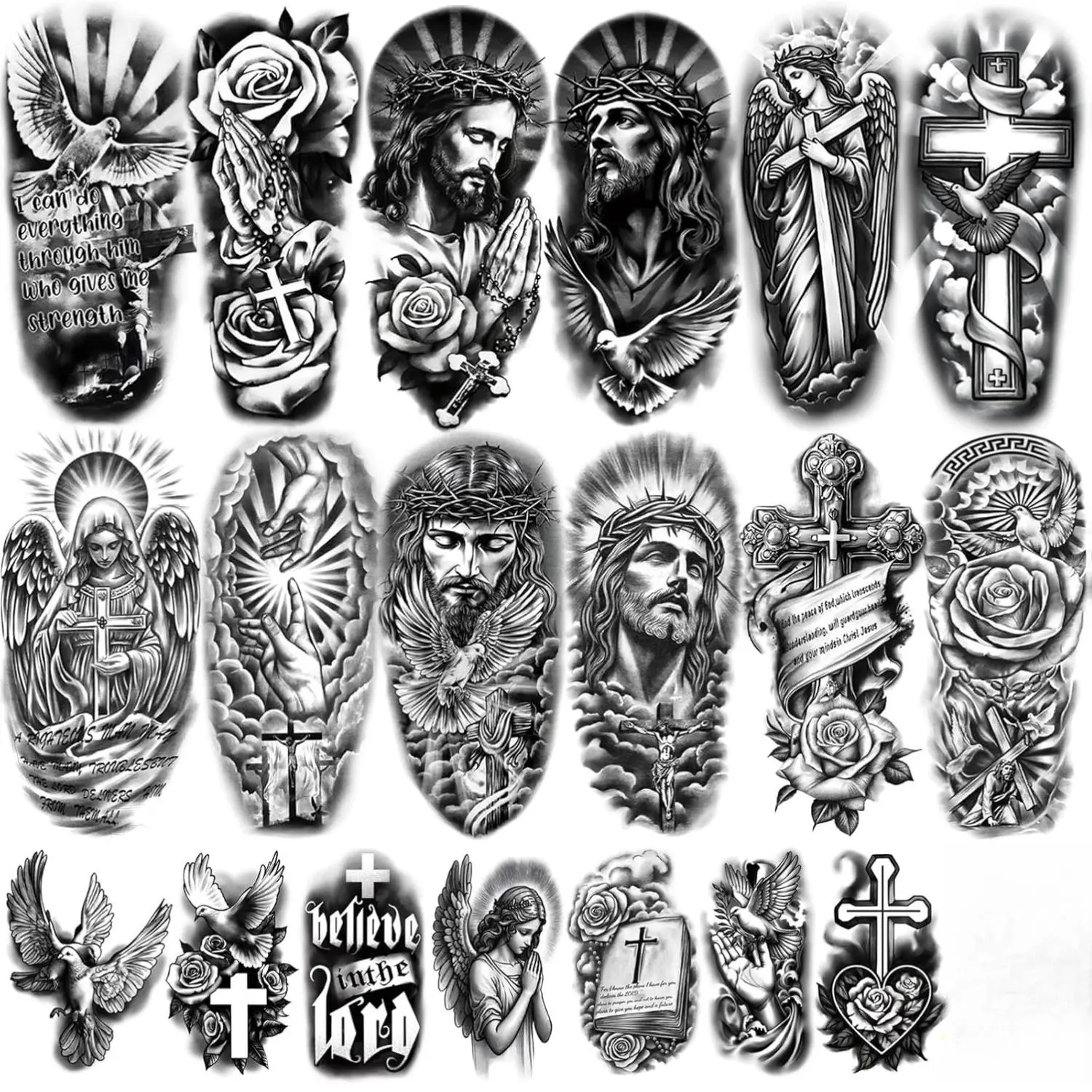 77-Sheet Waterproof Christian Temporary Tattoos - Traditional Religious Jesus Cross Angels God Half-Arm Fake Tattoos for Adults, Halloween Body Art with Realistic Tiny Designs, Water Proof