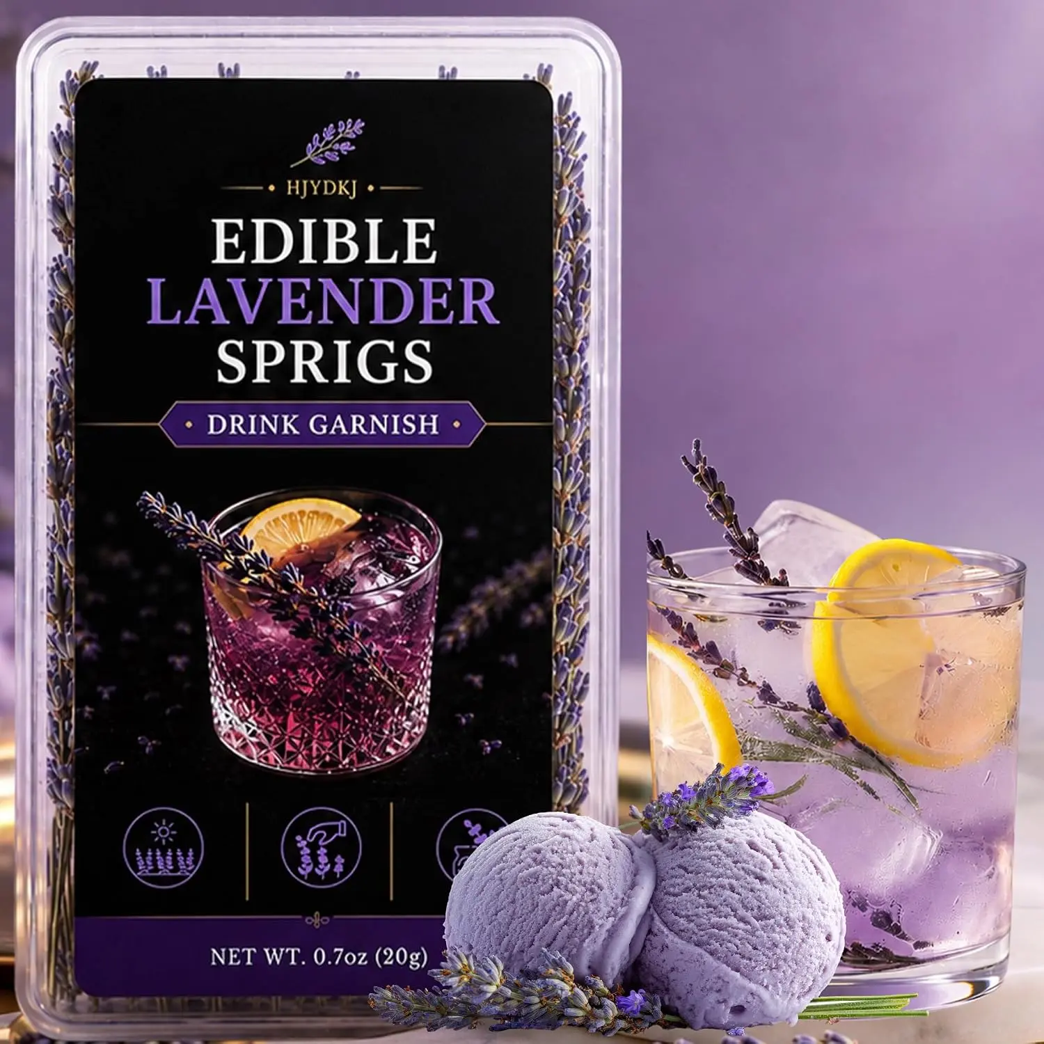 50+ Edible Lavender Sprigs, Culinary Lavender Stems for Cocktail Garnish | 6.3-7 in stems, 3-3.5 in flower spikes, natural purple color, no additives, sealed box for cupcakes, desserts & drink decor