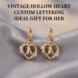 Golden Letter Heart Flower Stud Earrings for Women Elegant