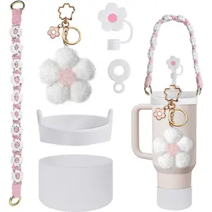 Cute Tumbler Accessories Set for 40 Oz Stanley Cup – Bohemian Floral Strap, Pom Pom Charm, Straw Cover, Silicone Boot & Ring – Aesthetic Cup Decor for Women Girls