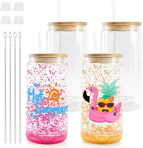 Joyclub 4 Pack Sublimation Snow Globe Tumbler - Pre Drilled Double Wall Glass Cups with Lids & Straws, Ideal for Snow Globe Glitter DIY Smoothies and Cocktails - Bottles, Drinkware