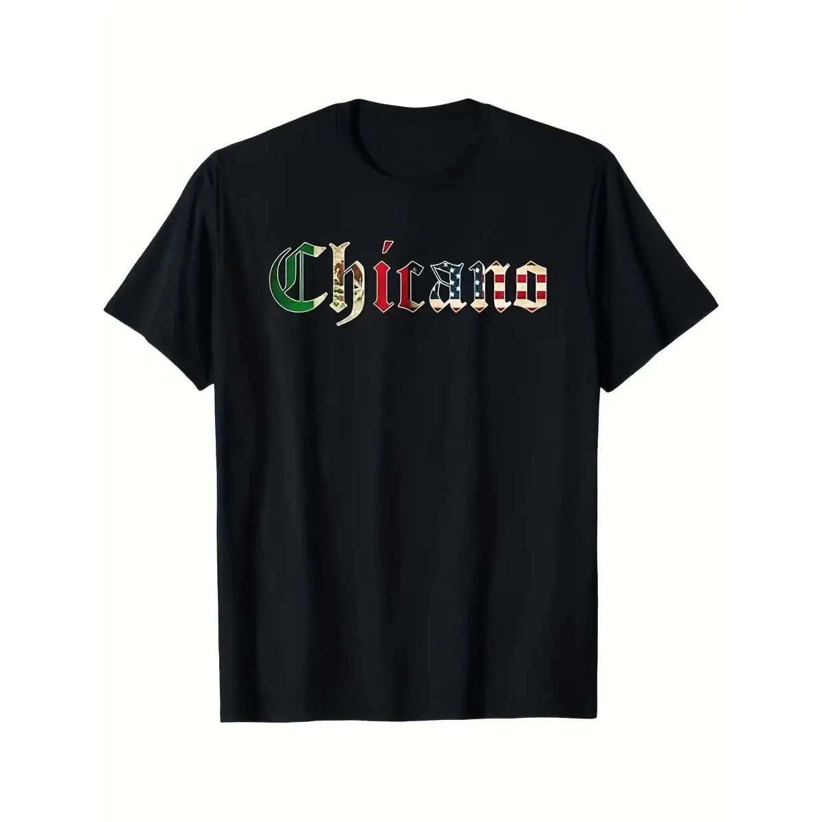 Women's 180g Pure Cotton Short-Sleeve Top, Unisex Round Neck Chicano Mexican American Flag Graphic Tee, Black Streetwear Gift for Dad/Husband, Shortsleeve, Tops