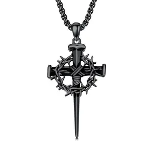Thorn Cross Necklace S925 Sterling Silver Cross Pendant Christian Jewelry Men's Gift 22+2 Inch