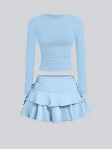 Two-Piece Set Women's Solid Long Sleeve Tee & Tie Side Skirt, Casual Round Neck Top & Ruffle Trim Skirt for Summer, Ladies Clothes for Daily Wear, Suits
