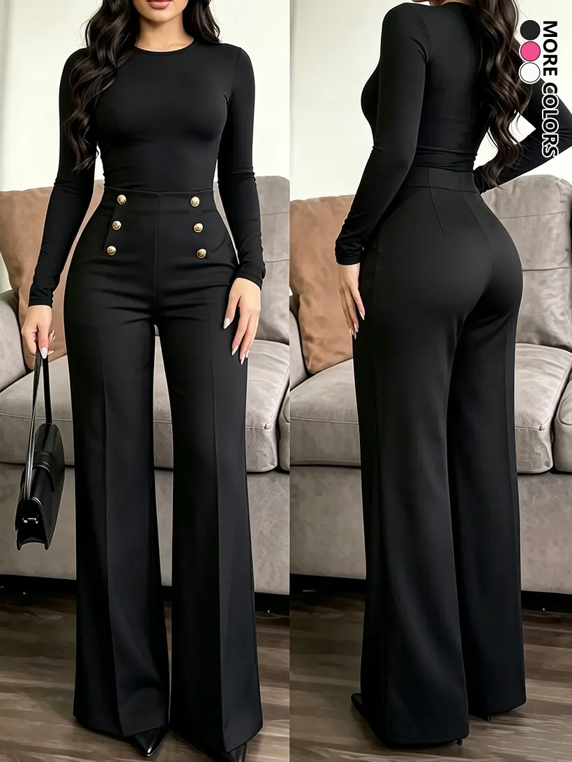 Women’s fashion casual comfortable breathable high-waisted loose wide-leg pants, 1-piece set; solid color elegant straight floor-length pants that flatter the figure, versatile for all seasons; trendy bottoms