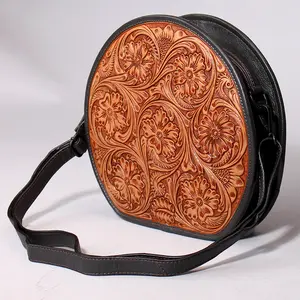 Spaghetti Western Genuine Leather Floral Tooled Round Crossbody Bag Tan & Black