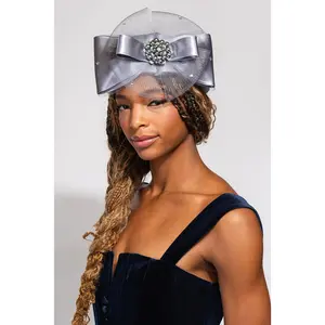 Nina Large Bow Satin Jeweled Mesh Fascinator Headband