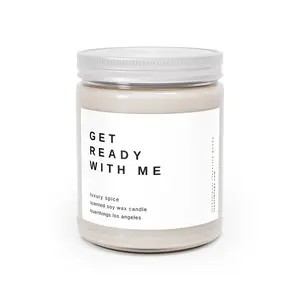 Get Ready With Me Scented Candle- extra-long burn time! Multiple fragrances, healing properties. Cute GRWM beauty gift minimal gloss white lid jar- 9oz. Classic black and white label. GRWM Bedroom Decor Beauty Gift for Best Friend.  Light Vanilla