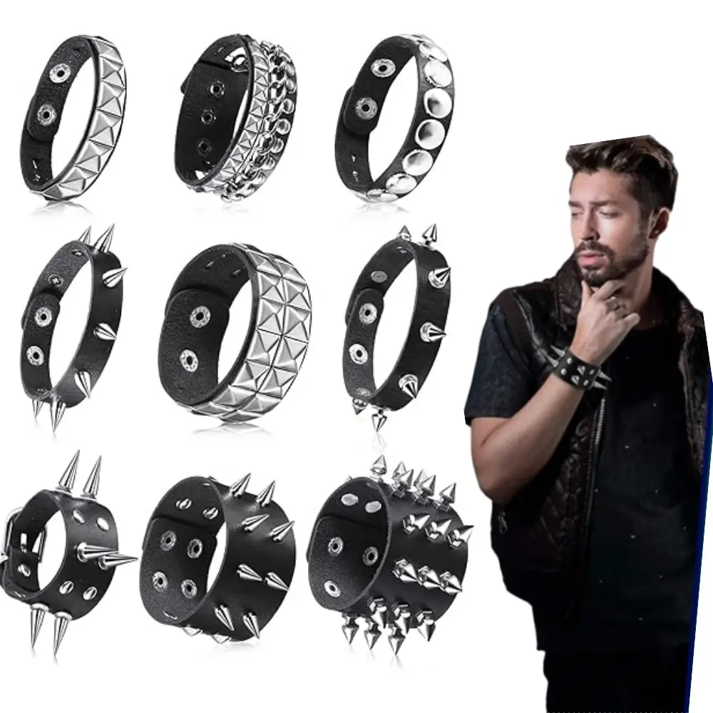 Pack Of 9 Spiked Studded Leather Bracelets with Rivet Accents - Punk Style Metal Wristbands for Men & Women, Adjustable Snap Buttons, Durable & Stylish for Casual Attire, Halloween Accessory