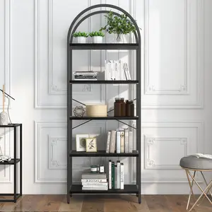 OUTGOODS Modern 5-Tier Arched Bookshelf – Tall Standing Bookcase with Sturdy Metal Frame, Spacious Open Wood Shelves for Bedroom, Living Room, Office – Ideal for Home and Office Organization – White/Gold, Black
