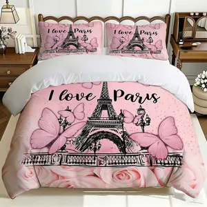 2/3Pcs Pink Paris Tower Duvet Cover Set(1*duvet Cover+1/2*Pillowcase,No Filling)Anniversary Theme,Soft,Breathable,Machine Washable,Suitable For Bedrooms,Living Rooms,Guest Rooms,Hotels,All Season Use
