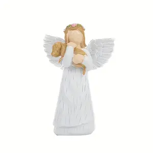 An Angel Souvenir Statue, Peace Holding Dog White Winged Angel Resin Crafts, European Sculpture