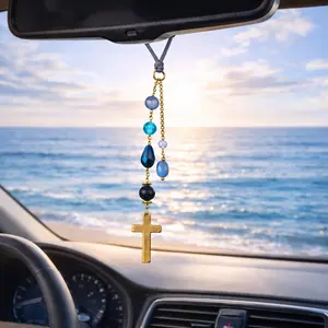 Elegant Car Mirror Cross Charm - Sun Catcher Rearview Accessory, Crafted with Ocean-Tone Crystals, Transforms Sunlight, Diffuses Blue Light, Adds Stylish Touch, Enhances Car's Interior