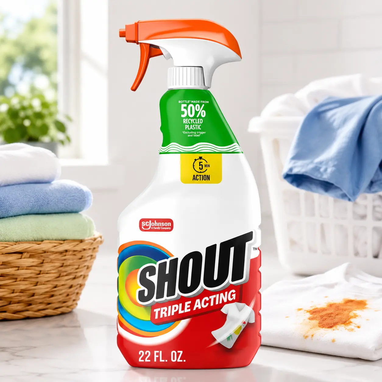 Shout Active Enzyme Laundry Stain Remover Spray, Triple-Acting Formula Clings, Penetrates, and Lifts 100+ Types of Everyday Stains - Prewash Spray 22oz