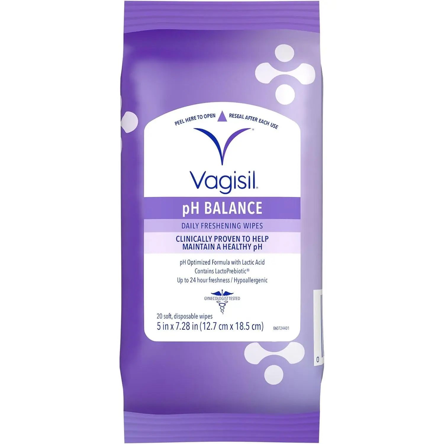 pH Balance Daily Freshening Wipes for Feminine Hygiene in Resealable Pouch, Gynecologist Tested & Hypoallergenic, 20 Wipes (Pack of 1)