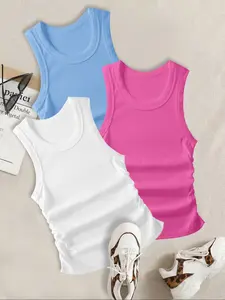Women's Casual Breathable Sleeveless Round Neck Vest Set, Comfortable Elastic Side Straps, Fitted All Season Underwear, Pack of 3 Tops