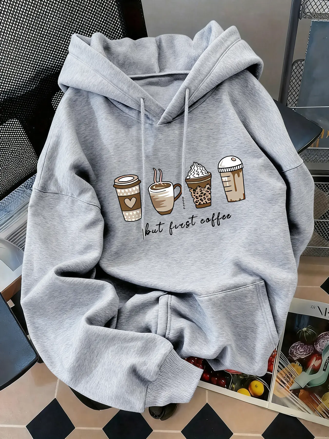 Women's Fashion Coffee Letter Print Fitted Hoodie, Kangaroo Pocket, Long Sleeve, Casual Fall & Winter Sweatshirt, Womenswear, Christmas New Year