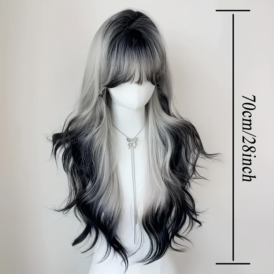 Full Head Wig for Women with Long Curly Hair, Designed to Mimic The Everyday Look of People. Features a Thin Style with Bangs And a Striking Black And White Gradient Dye
