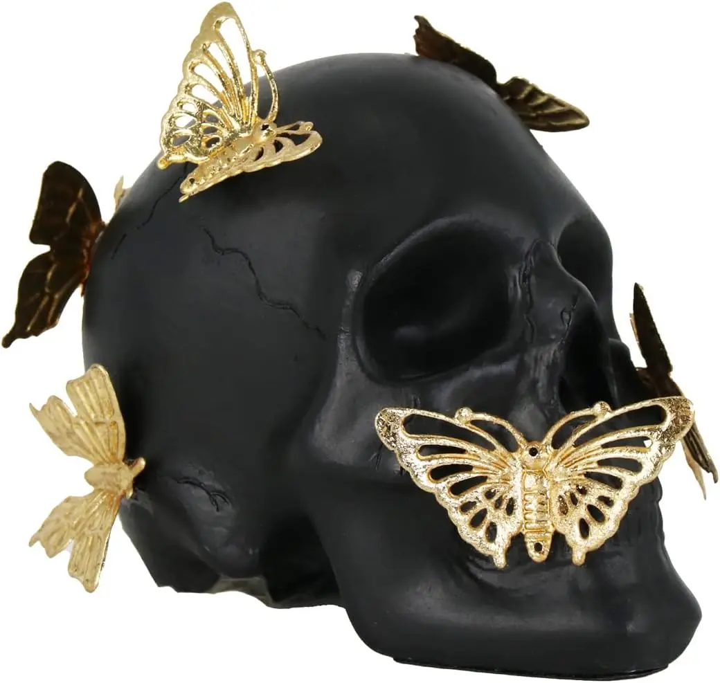 Small Black Synthetic Metal Skull Figurine with Gold Butterfly - 5.5x3.5x4.3" Freedom-Themed Decorative Home Decor Statue, Halloween Desk Ornament, Elegant Gift for Relatives (Encourages Cherish the Present, Yearning for Rebirth, Figurines & Miniatures)