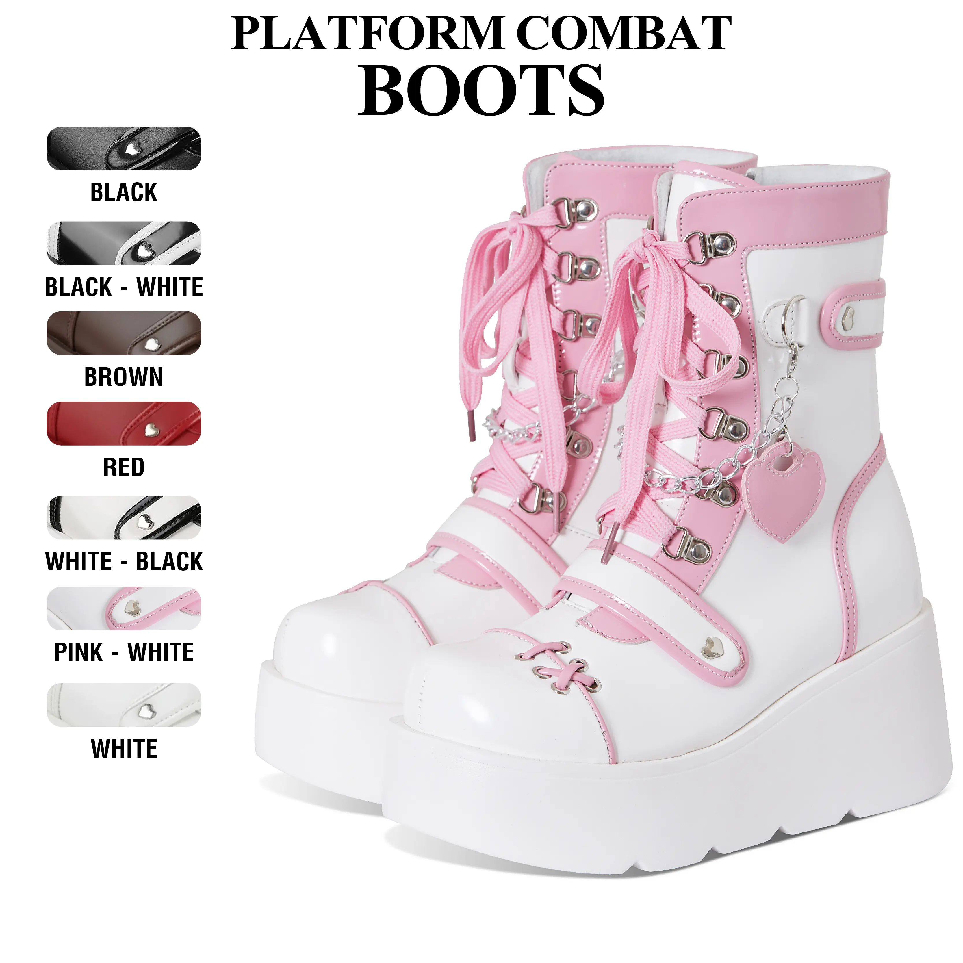 CYNLLIO Womens Round Toe Platform Wedge Lace Up Chain Platform Heel Zipper Goth Patent Combat Boots Casual Party Fashionabl Punk Strappy  Platform  Ankle Boots