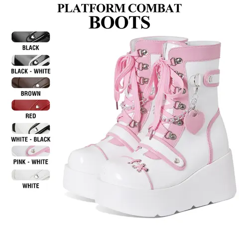 CYNLLIO Womens Round Toe Platform Wedge Lace Up Chain Platform Heel Zipper Goth Patent Combat Boots Casual Party Fashionabl Punk Strappy  Platform  Ankle Boots