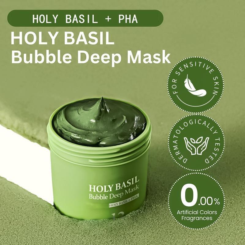 Holy Basil Bubble Deep Mask – Holy Basil & Carbonated Water for Cleansing Pores & Blackheads, Suitable for All Skin Types, Vegan Clay-to-Bubble Wash-Off Mask (90g / 3.17 oz)