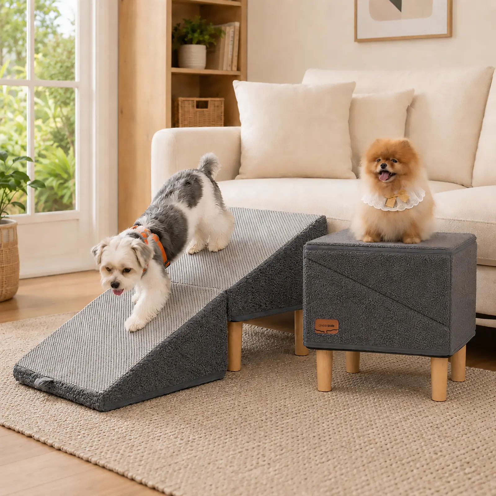 Dog Stairs Ramp for Couch | 2-in-1 Pet Steps & Ottoman,Pet Steps Wooden Ottoman Ramp for Sofa or Short Bed, for Senior,Small, Medium Dogs, Frenchbull, Dachshund, IVDD | 2-in-1 Convertible Home Step Stool with Wood Foot