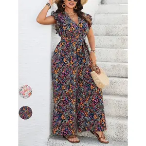 Plus size women's jumpsuit patch deep V-neck plaid dress loose key flower jumpsuit casual vacation styleRAIMENTRY